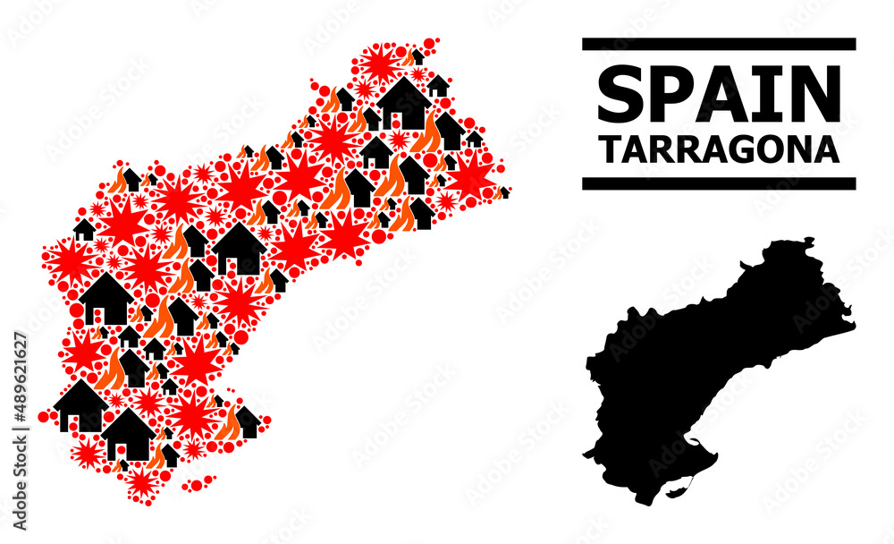 War collage vector map of Tarragona Province. Geographic concept map of Tarragona Province is constructed with random fire, destruction, bangs, burn homes, strikes.