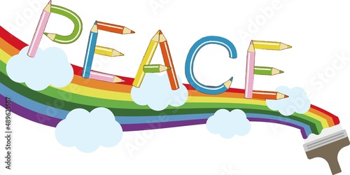 PEACE　虹　希望　願い　反戦　平和　ペンキ　塗料　色鉛筆　鉛筆　筆記用具