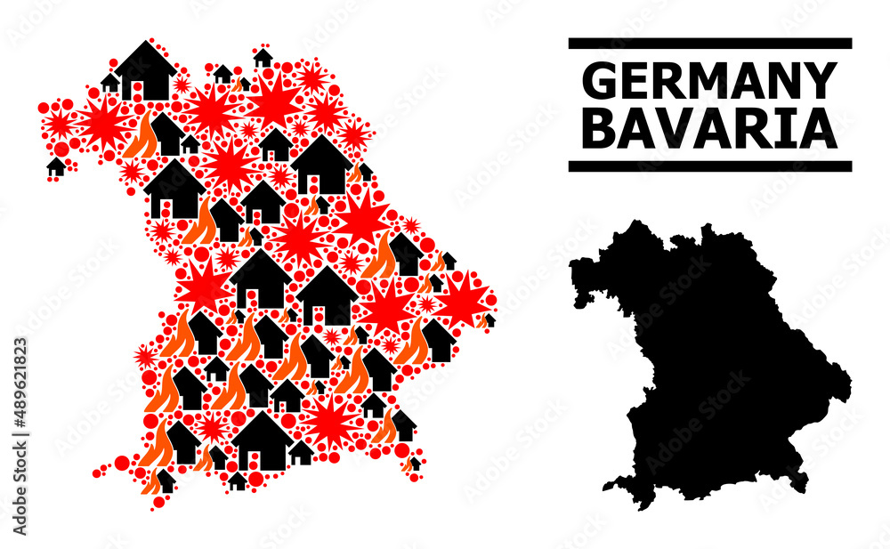 War pattern vector map of Bavaria State. Geographic collage map of Bavaria State is composed from random fire, destruction, bangs, burn realty, strikes. Vector flat illustration for war doctrines.