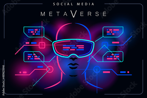 Metaverse human in VR glasses Virtual reality light effect background