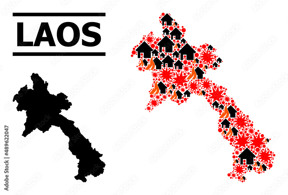 Fototapeta premium War mosaic vector map of Laos. Geographic mosaic map of Laos is composed from random fire, destruction, bangs, burn homes, strikes. Vector flat illustration for war projects.