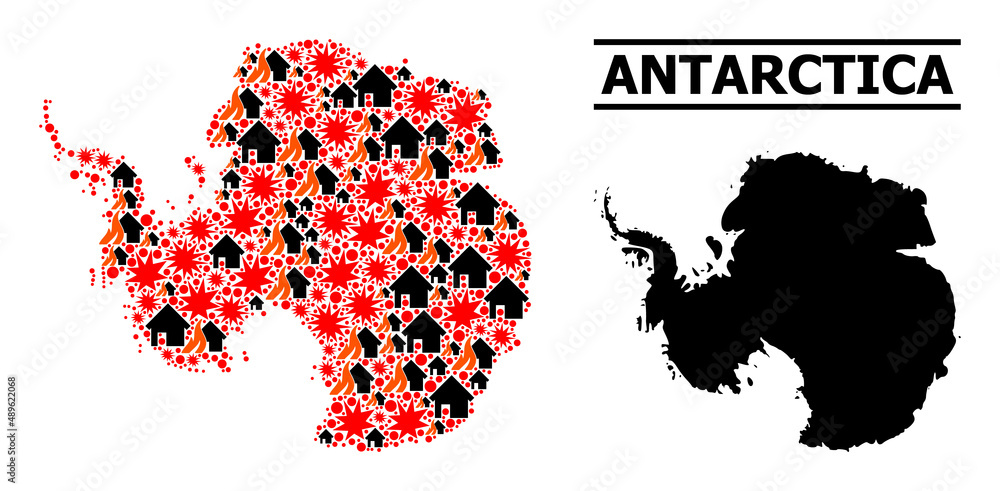 War mosaic vector map of Antarctica. Geographic mosaic map of Antarctica is created with random fire, destruction, bangs, burn houses, strikes. Vector flat illustration for war agitprop. War mosaic vector map of Antarctica. Geographic mosaic map of Antarctica is created with random fire, destruction, bangs, burn houses, strikes. Vector flat illustration for war agitprop.