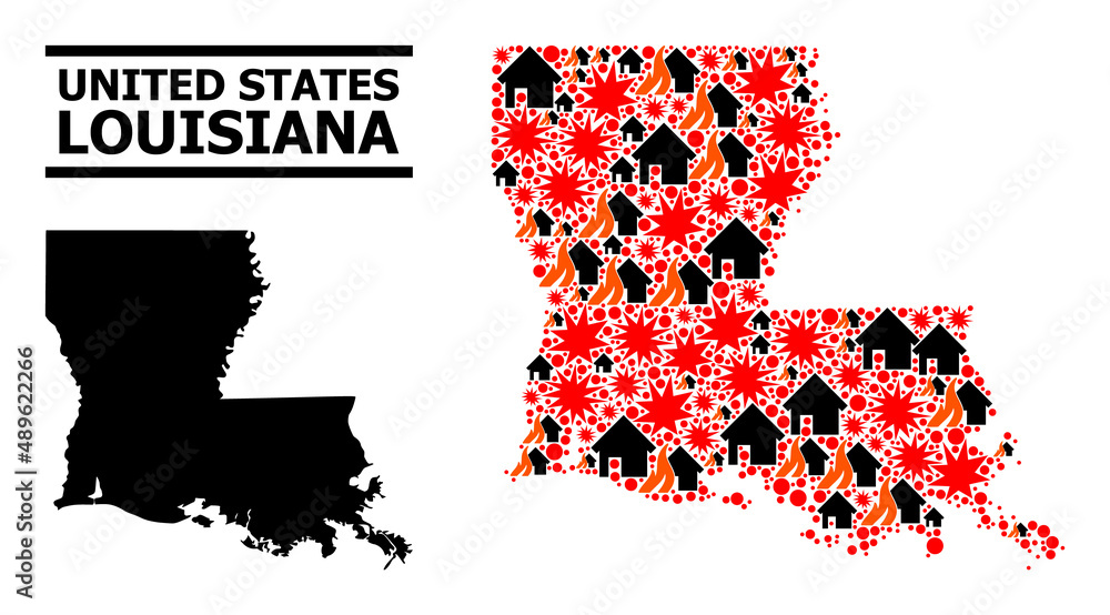 War pattern vector map of Louisiana State. Geographic composition map of Louisiana State is combined with random fire, destruction, bangs, burn houses, strikes.