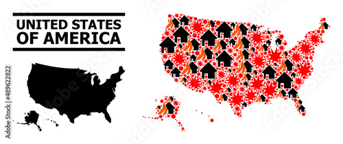 War mosaic vector map of USA territories. Geographic mosaic map of USA territories is done with random fire, destruction, bangs, burn homes, strikes. Vector flat illustration for war doctrines.