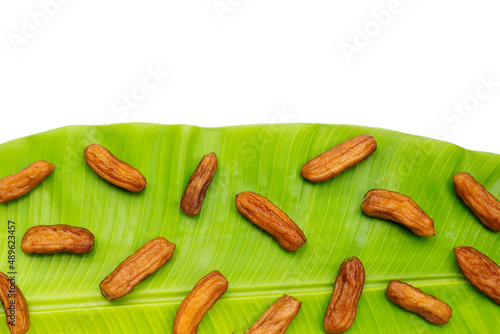 Sun-dried bananas on banana leaf