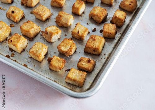 Pan of baked Tofu with spices photo