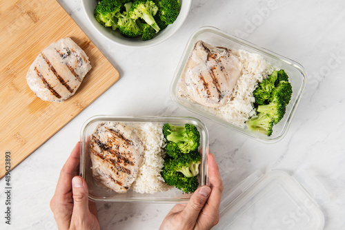 Chicken and steamed broccoli being prepared