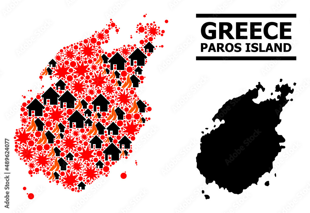 War pattern vector map of Paros Island. Geographic composition map of Paros Island is composed with scattered fire, destruction, bangs, burn realty, strikes. Vector flat illustration for war agitprop.