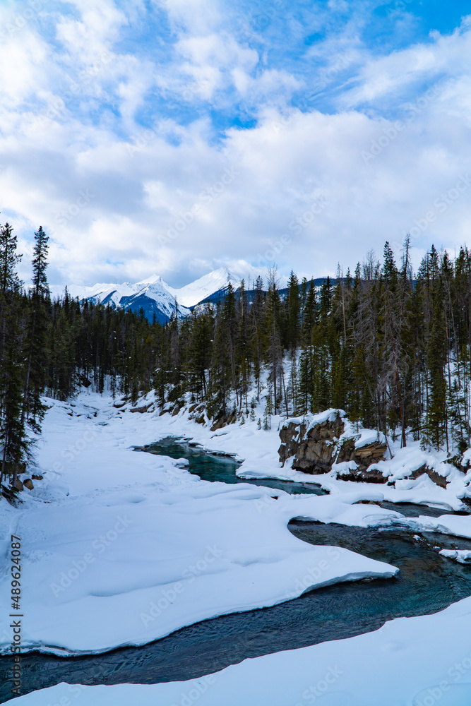 Snow covered river in the mountain forest in the Canadain Rockies 