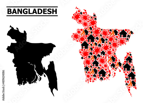 War mosaic vector map of Bangladesh. Geographic mosaic map of Bangladesh is designed from randomized fire, destruction, bangs, burn homes, strikes. Vector flat illustration for war collages.