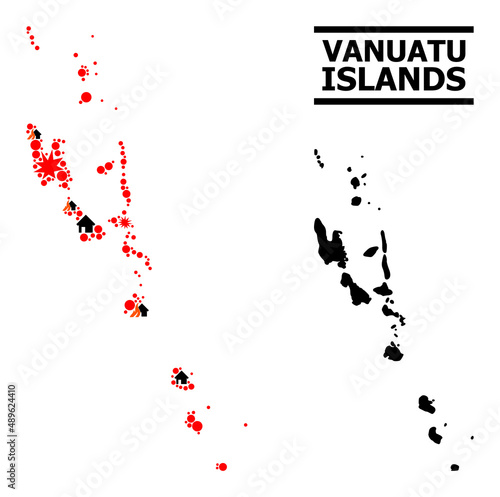 War collage vector map of Vanuatu Islands. Geographic collage map of Vanuatu Islands is designed from scattered fire, destruction, bangs, burn homes, strikes.