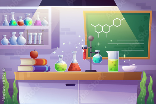 Gradient Realistic Science Laboratory Background, interior of workplace, lab analysis in test, chemical laboratory, Scientific equipment, microscope, flasks with toxic liquid in cartoon chemistry.