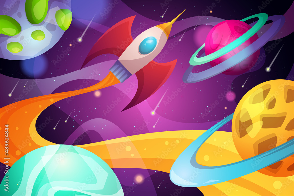 Planets in outer space with satellites, falling meteor and asteroids in dark starry sky. Galaxy, cosmos, universe futuristic fantasy view background for computer game. Cartoon vector illustration