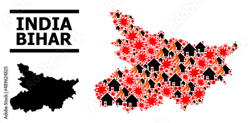 War pattern vector map of Bihar State. Geographic mosaic map of Bihar State is constructed with random fire, destruction, bangs, burn realty, strikes. Vector flat illustration for war applications.
