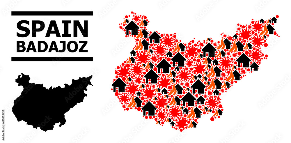 Fototapeta premium War collage vector map of Badajoz Province. Geographic collage map of Badajoz Province is composed from random fire, destruction, bangs, burn realty, strikes.