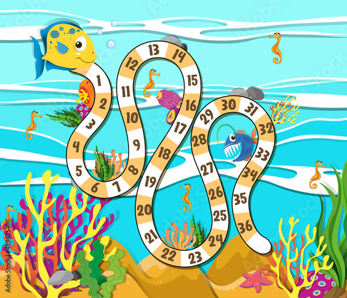 Snake and ladders game template with underwater theme