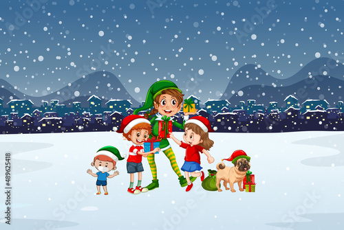 Snowy night scene with Christmas cartoon characters