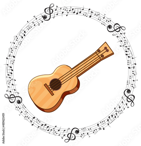 A ukulele with musical notes on white background