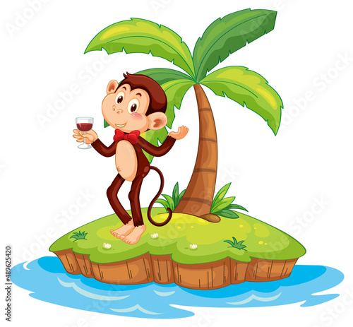 A monkey holding wine glass on isolated island