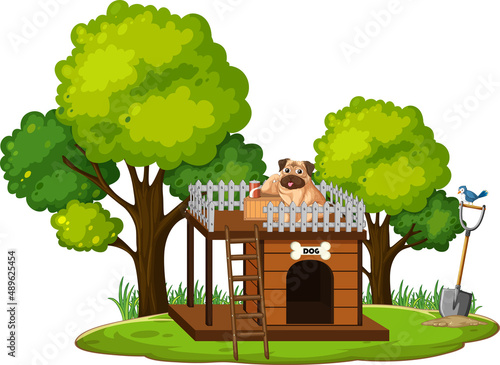 Dog and doghouse made of wood in the park