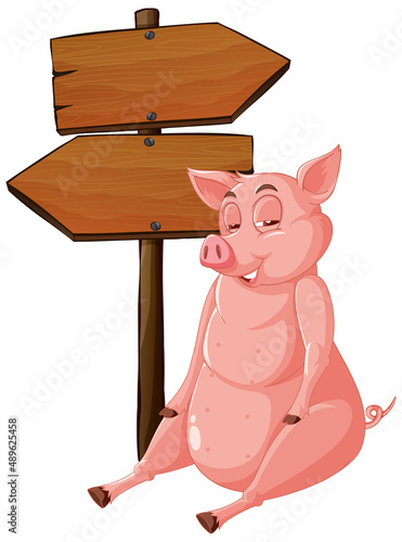 Isolated wooden signpost banner with pig