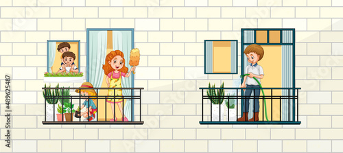 Building facade with people at the windows
