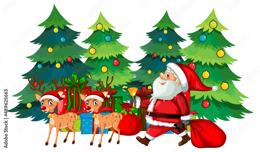 Santa Claus and reindeers with Christmas trees
