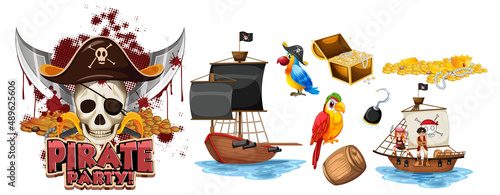 Set of pirate cartoon characters and objects