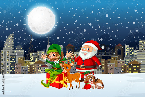 Snowy winter night with Santa Claus and elf