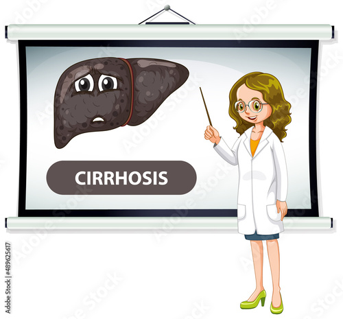 A doctor cartoon character explaining cirrhosis liver