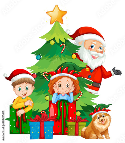 Santa Claus with children and Christmas tree