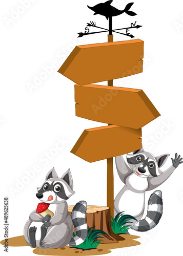 Raccoon with wooden sign banner