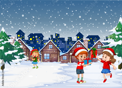 Fototapeta Naklejka Na Ścianę i Meble -  Snowy night scene with children in cartoon style