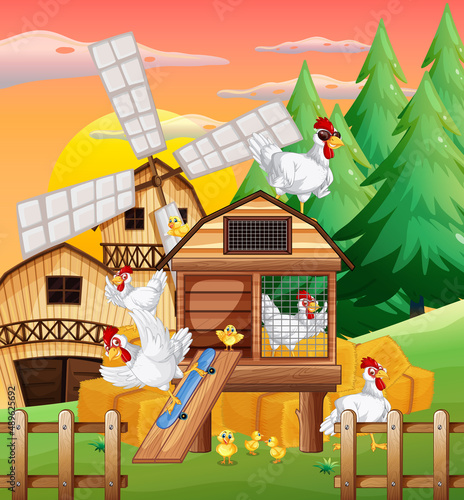 Farm scene with a group of chickens