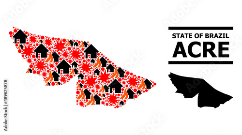 War mosaic vector map of Acre State. Geographic mosaic map of Acre State is created from random fire, destruction, bangs, burn realty, strikes. Vector flat illustration for peace propaganda.