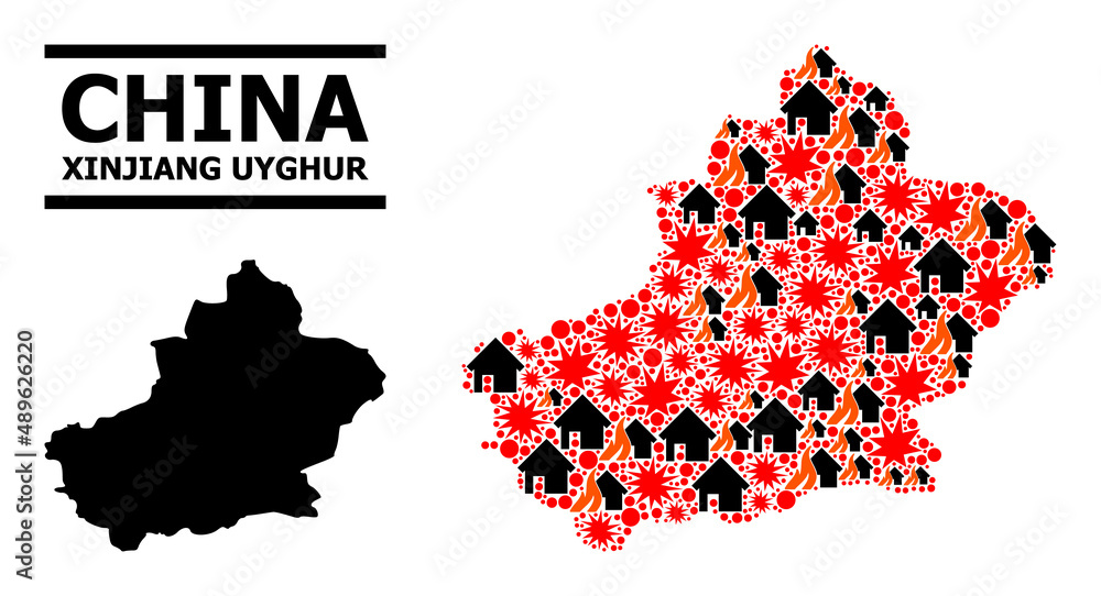War collage vector map of Xinjiang Uyghur Region. Geographic mosaic map of Xinjiang Uyghur Region is created from random fire, destruction, bangs, burn realty, strikes.
