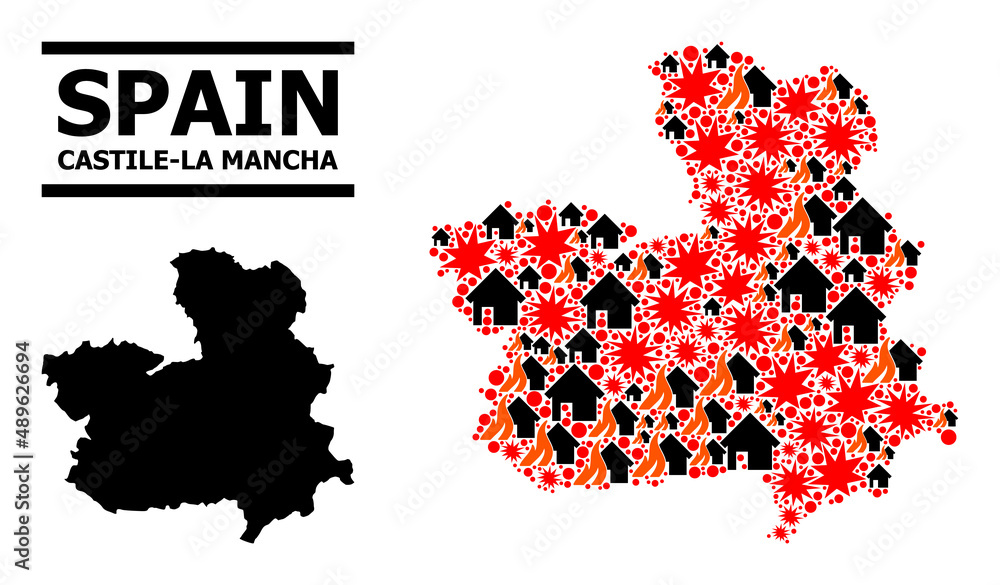 War collage vector map of Castile-La Mancha Province. Geographic concept map of Castile-La Mancha Province is composed with randomized fire, destruction, bangs, burn homes, strikes.
