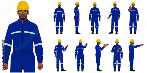 set of factory workers different posses flat style illustration isolated on white background