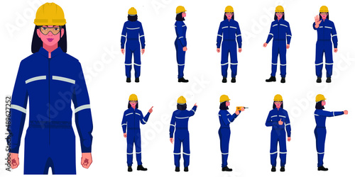 set of factory workers different posses flat style illustration isolated on white background