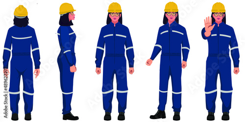set of factory workers different posses flat style illustration isolated on white background