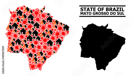 War mosaic vector map of Mato Grosso do Sul State. Geographic composition map of Mato Grosso do Sul State is designed from random fire, destruction, bangs, burn houses, strikes.