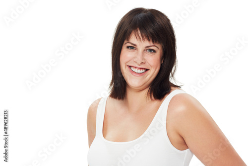 Happy to be me. Studio shot of a positive-looking young plus-size model wearing underwear isolated on white.