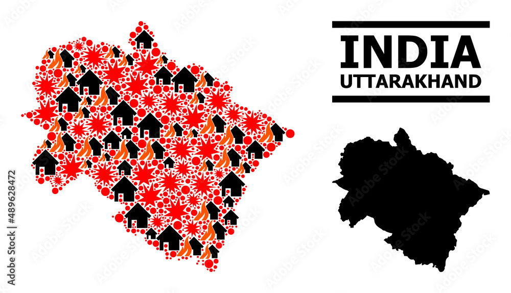 Obraz premium War pattern vector map of Uttarakhand State. Geographic concept map of Uttarakhand State is constructed from scattered fire, destruction, bangs, burn homes, strikes.