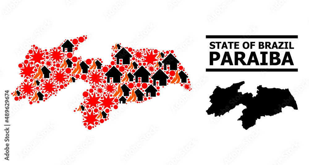 Obraz premium War mosaic vector map of Paraiba State. Geographic mosaic map of Paraiba State is designed with scattered fire, destruction, bangs, burn houses, strikes. Vector flat illustration for peace promotion.