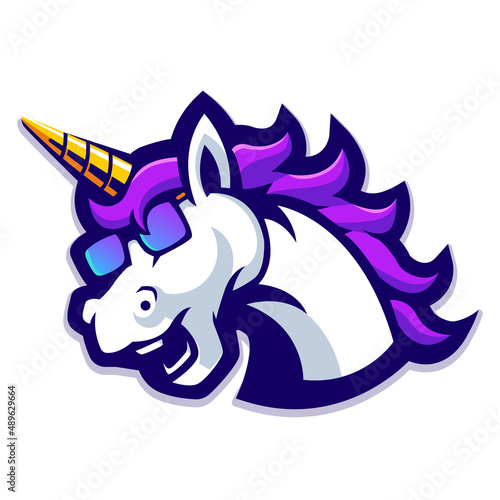 Unicorn wearing glasses athletic club vector logo concept isolated on white background. Modern sport team mascot badge design