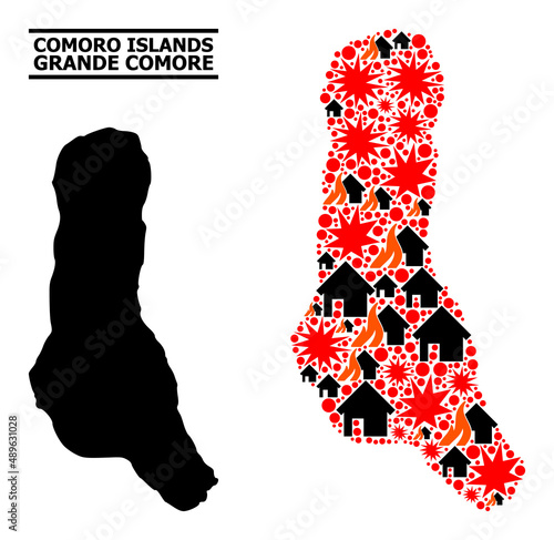 War mosaic vector map of Grande Comore Island. Geographic mosaic map of Grande Comore Island is done from scattered fire, destruction, bangs, burn homes, strikes.