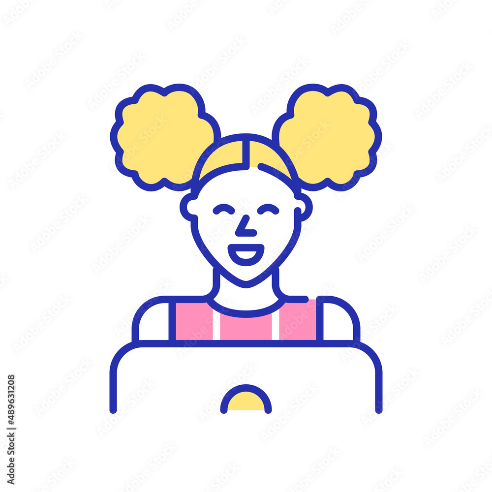 Girl with curly ponytails using a laptop. Pixel perfect, editable stroke fun color icon