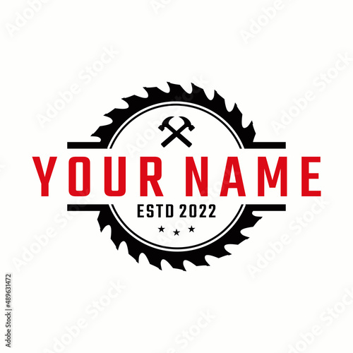 carpentry logo design, carpentry tool set, saw, circular saw, vintage, woodworking, vector, retro,logocontruction