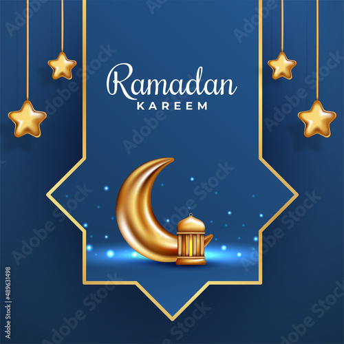 Ramadan kareem background, illustration with gold ornate arabic lanterns, star and crescent moon. Vector illustration