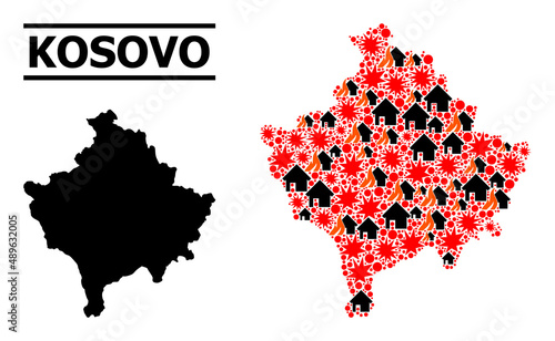 War mosaic vector map of Kosovo. Geographic mosaic map of Kosovo is designed from random fire, destruction, bangs, burn realty, strikes. Vector flat illustration for war posters.